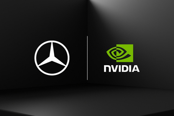 Görselde, koyu gri bir arka plan üzerinde sol tarafta Mercedes-Benz logosu, sağ tarafta ise NVIDIA logosu yer almaktadır.